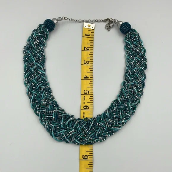 Vintage Turquoise and Silver Small Beads Braided Chunky Statement Necklace - Picture 6 of 9